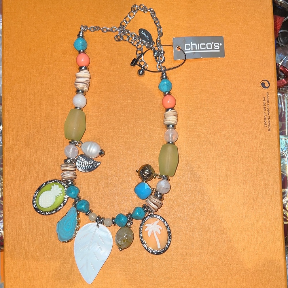Chico's Tropical Charm Necklace with Turquoise and Orange Accents